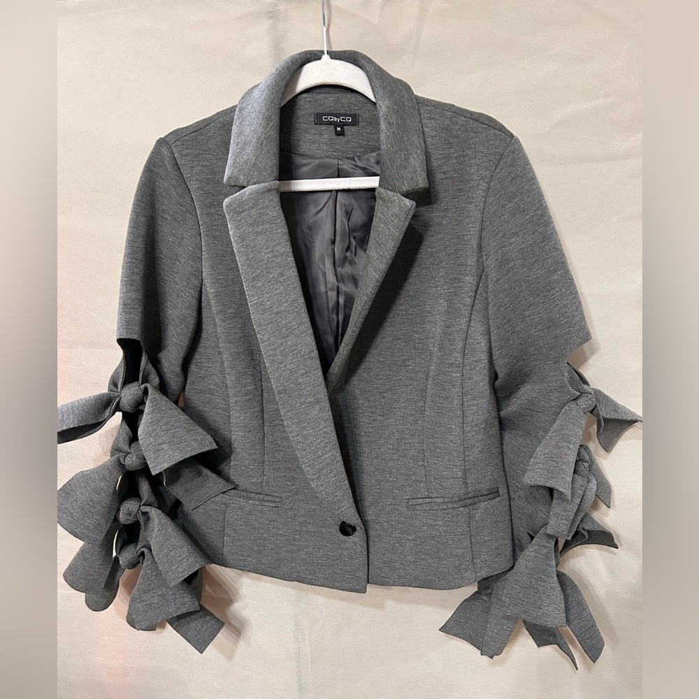 Gray Bow ruffled Sleeve Women's Jacket/ blazer single button closure medium